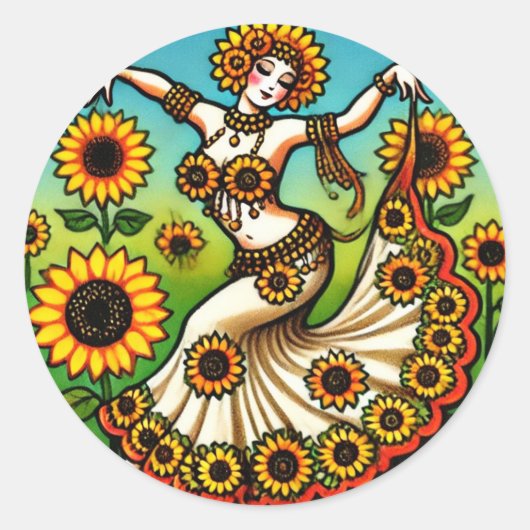 Zonnebloem buikdanser ronde sticker (Voorkant)