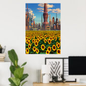 Zonnebloem buiten de stad | AI Art Poster (Thuiskantoor)
