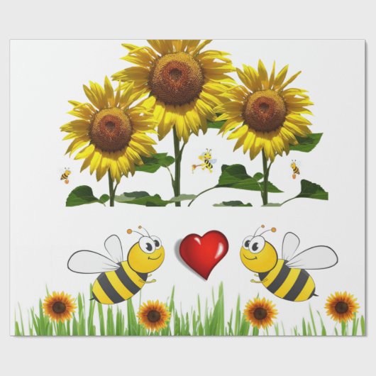 Zonnebloem Bumblebee Red Hearts Matte Wrapping Pap Cadeaupapier (Vlak)
