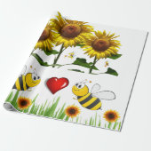 Zonnebloem Bumblebee Red Hearts Matte Wrapping Pap Cadeaupapier (Uitgerold)