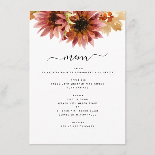 Zonnebloem Burgundy Country Waterverf Weddenschap Menu (Voorkant)