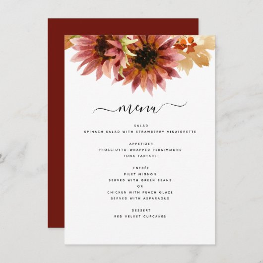 Zonnebloem Burgundy Country Waterverf Weddenschap Menu (Voorkant / Achterkant)