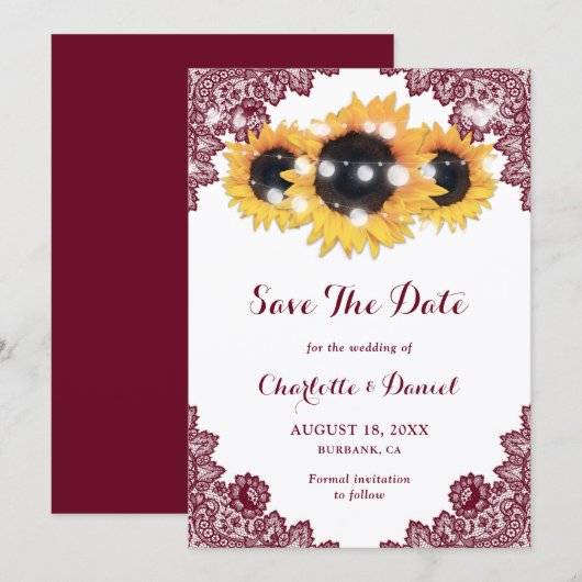 Zonnebloem Burgundy Kant Bruiloft Save The Date (Voorkant / Achterkant)