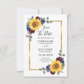 Zonnebloem Burgundy Navy Bloem Gouden Rand Trouw Save The Date (Voorkant)