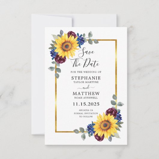 Zonnebloem Burgundy Navy Bloem Gouden Rand Trouw Save The Date (Voorkant)