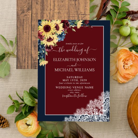 Zonnebloem Burgundy Navy Blue Wood Weduwschap Kaart