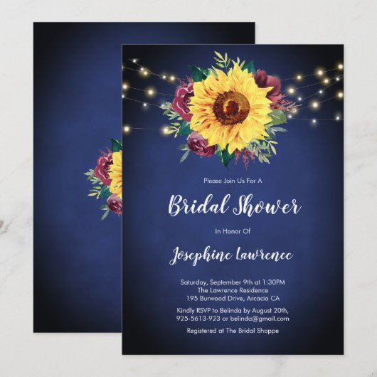 Zonnebloem Burgundy Roos Licht Navy Vrijgezellenfe Kaart (Voorkant / Achterkant)