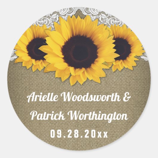Zonnebloem Burlap en kant bruiloft gunst Ronde Sticker (Voorkant)