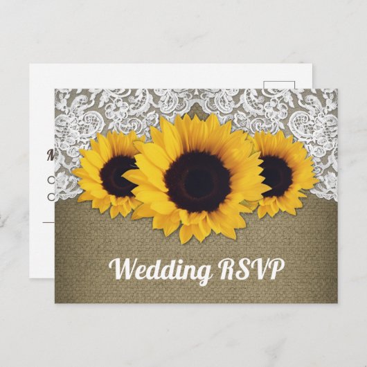 Zonnebloem Burlap en Kant Bruiloft RSVP Briefkaart (Voorkant / Achterkant)