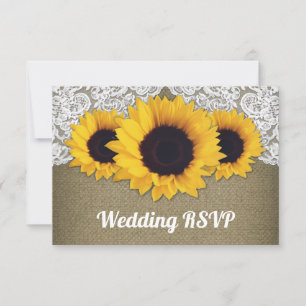 Zonnebloem Burlap en Kant Bruiloft RSVP Kaarten Kaartje