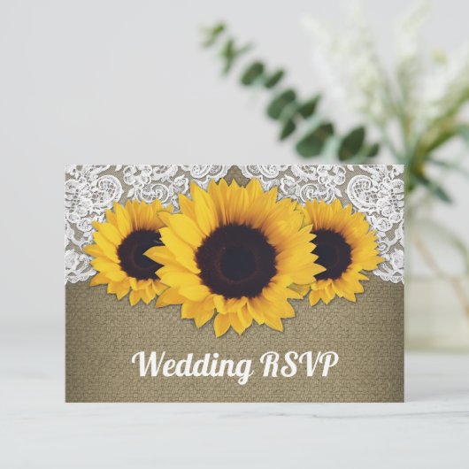 Zonnebloem Burlap en Kant Bruiloft RSVP Kaarten Kaartje (Staand voorkant)