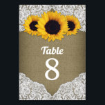 Zonnebloem Burlap Kant Trouwtafel Nummer Kaarten<br><div class="desc">Sunflower Burlap Lace Wedding Table Number Kaarten - heeft een gedrukte boerlap achtergrond met alencon kant en een bloemige zonnebloem ontwerp om te passen bij uw land,   of rustiek thema evenement.</div>