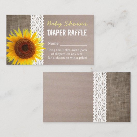 Zonnebloem Burlap & Lace Baby Luier Raffle Ticket Informatiekaartje (Voorkant / Achterkant)
