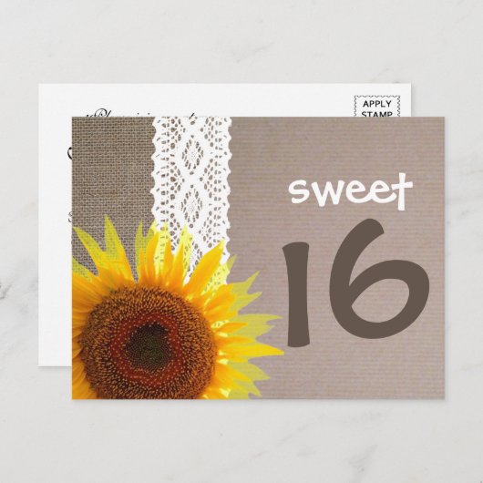 Zonnebloem Burlap & Lace Sweet 16 Verjaardag Uitno Uitnodiging Briefkaart (Voorkant / Achterkant)