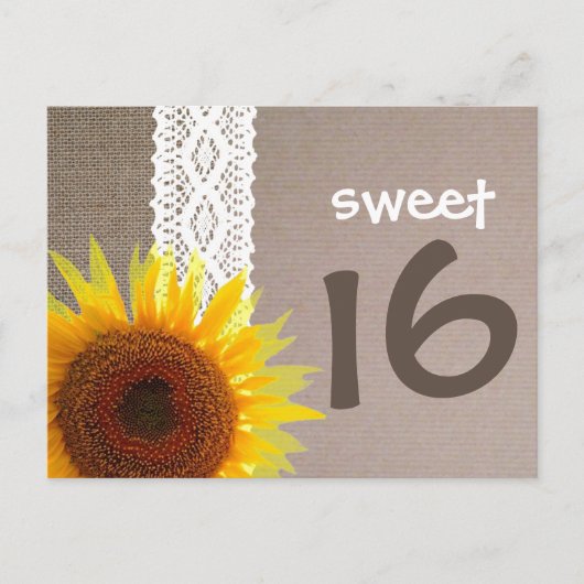 Zonnebloem Burlap & Lace Sweet 16 Verjaardag Uitno Uitnodiging Briefkaart (Voorkant)