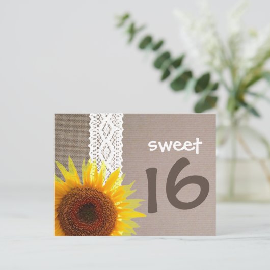 Zonnebloem Burlap & Lace Sweet 16 Verjaardag Uitno Uitnodiging Briefkaart (Staand voorkant)