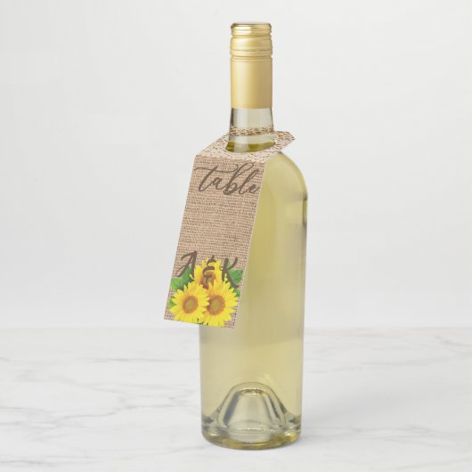 Zonnebloem Burlap Rustisch weddenschapsnummer Flessenhanger (Schuin)