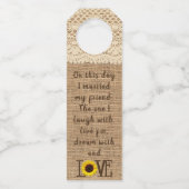 Zonnebloem Burlap Rustisch weddenschapsnummer Flessenhanger (Achterkant)