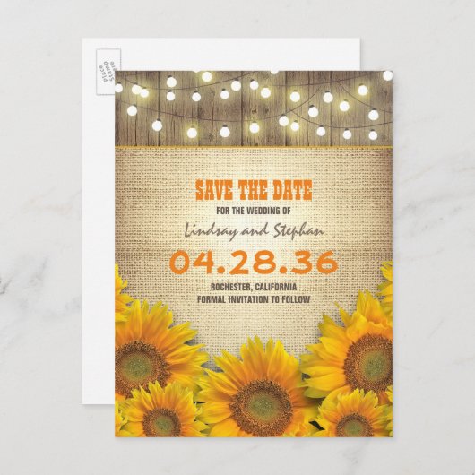 Zonnebloem burlap String Light Rustic Save the Dat Aankondigingskaart (Voorkant / Achterkant)