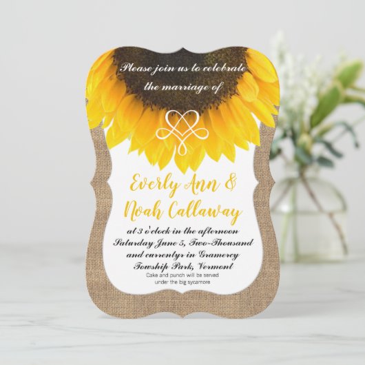 Zonnebloem Burlap Typografie Weddenschap Kaart (Staand voorkant)