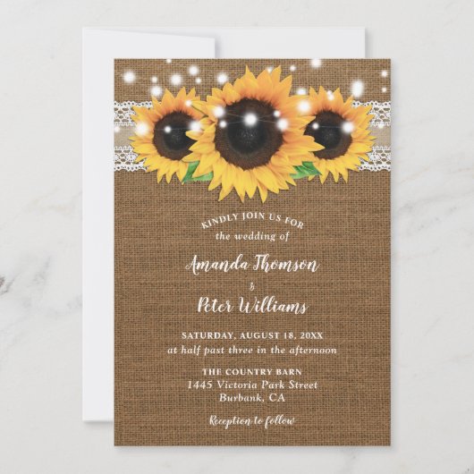 Zonnebloem Burlap Wedding Invitations Kaart (Voorkant)