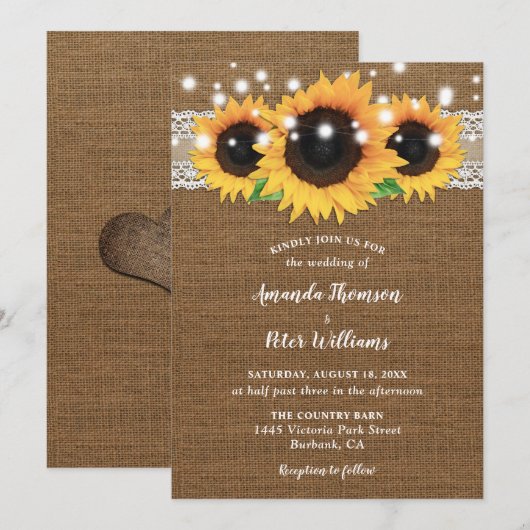  Zonnebloem Burlap Wedding Invitations Kaart (Voorkant / Achterkant)