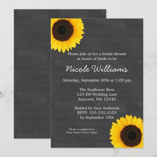Zonnebloem Chalkboard Bridal Shower Invitations Kaart (Voorkant / Achterkant)