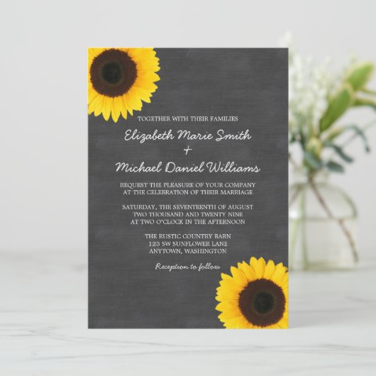 Zonnebloem Chalkboard Wedding Invitations Kaart (Staand voorkant)
