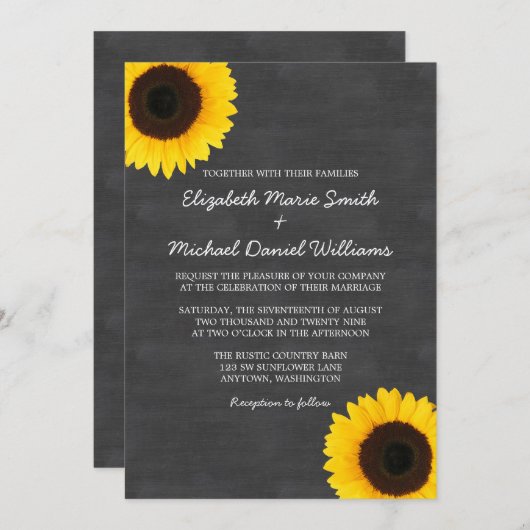 Zonnebloem Chalkboard Wedding Invitations Kaart (Voorkant / Achterkant)