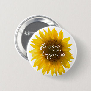 Zonnebloem citaat "bloemen zijn geluk" ronde button 5,7 cm