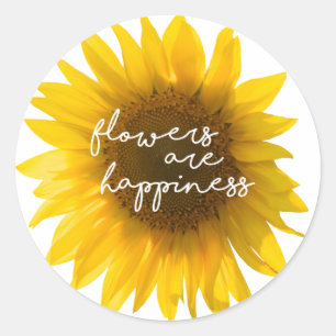 Zonnebloem citaat "bloemen zijn geluk" ronde sticker
