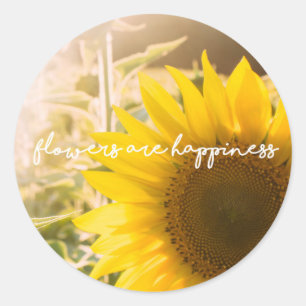 Zonnebloem citaat "bloemen zijn geluk" ronde sticker