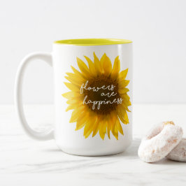 Zonnebloem citaat "bloemen zijn geluk" tweekleurige koffiemok