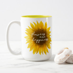 Zonnebloem citaat "bloemen zijn geluk" tweekleurige koffiemok