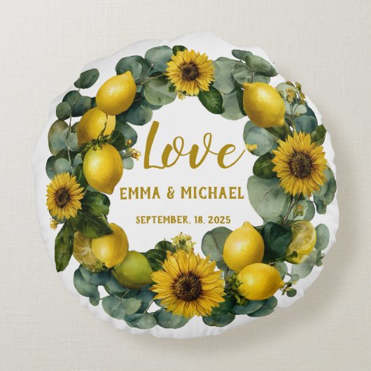 Zonnebloem Citroen Krans Liefde Design Rond Kussen (Achterkant)