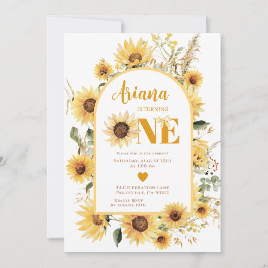 Zonnebloem Coquette Eerste Verjaardag Uitnodiging (Voorkant)