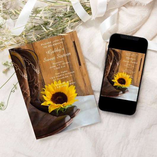 Zonnebloem Cowboy Boot Sweet 16 Barn Birthday Part Kaart