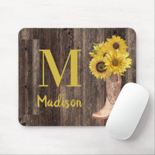 Zonnebloem Cowgirl Laarzen Rustiek Hout Monogram Muismat