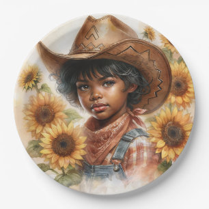 Zonnebloem Cowgirl Zwarte Kind Waterverf Papieren Bordje