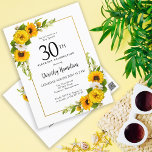 Zonnebloem Daisy 30e verjaardag Party uitnodiging<br><div class="desc">gele zonnebloem bloemenuitnodiging voor de 30e verjaardag. Gele pioenen en witte madeliefjes mengen zich met de zonnebloemen. Een rechthoekig gouden lijst geeft het een elegante vibe. Zeer gemakkelijk aan te passen. De achterkant heeft een zonnebloemboeket. Dit is perfect voor een zomerse verjaardagsviering. Dit artikel maakt deel uit van het Yellow...</div>