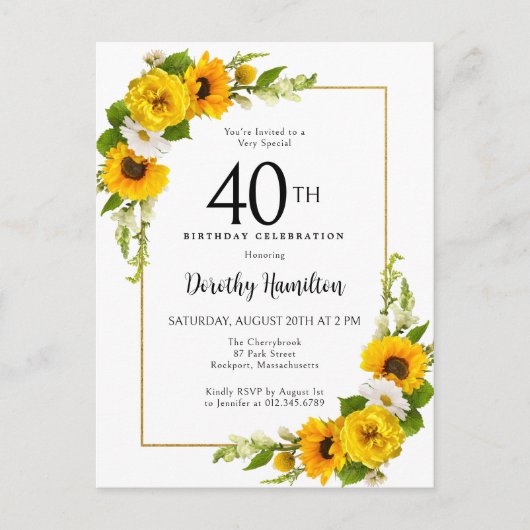 Zonnebloem Daisy 40e verjaardag Party uitnodiging (Voorkant)