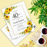 Zonnebloem Daisy 40e verjaardag Party uitnodiging<br><div class="desc">gele zonnebloem bloemenuitnodiging voor de 40e verjaardag. Gele pioenen en witte madeliefjes mengen zich met de zonnebloemen. Een rechthoekig gouden lijst geeft het een elegante vibe. Zeer gemakkelijk aan te passen. De achterkant heeft een zonnebloemboeket. Dit is perfect voor een zomerse verjaardagsviering. Dit artikel maakt deel uit van het Yellow...</div>