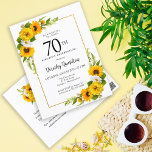 Zonnebloem Daisy 70e verjaardag Party uitnodiging<br><div class="desc">gele zonnebloem bloemenuitnodiging voor de 70e verjaardag. Gele pioenen en witte madeliefjes mengen zich met de zonnebloemen. Een rechthoekig gouden lijst geeft het een elegante vibe. Zeer gemakkelijk aan te passen. De achterkant heeft een zonnebloemboeket. Dit is perfect voor een zomerse verjaardagsviering. Dit artikel maakt deel uit van het Yellow...</div>