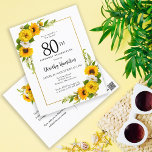 Zonnebloem Daisy 80ste verjaardag Party uitnodigin Briefkaart<br><div class="desc">gele zonnebloem bloemen80e verjaardagskaart. Gele pioenen en witte madeliefjes mengen zich met de zonnebloemen. Een rechthoekig gouden lijst geeft het een elegante vibe. Zeer gemakkelijk aan te passen. De achterkant heeft een zonnebloemboeket. Dit is perfect voor een zomerse verjaardagsviering. Dit artikel maakt deel uit van het Yellow Sunflower White Daisy...</div>