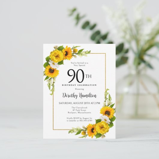 Zonnebloem Daisy 90ste verjaardag Party uitnodigin Briefkaart (Staand voorkant)