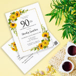 Zonnebloem Daisy 90ste verjaardag Party uitnodigin Briefkaart<br><div class="desc">gele zonnebloem bloemen90e verjaardagskaart. Gele pioenen en witte madeliefjes mengen zich met de zonnebloemen. Een rechthoekig gouden lijst geeft het een elegante vibe. Zeer gemakkelijk aan te passen. De achterkant heeft een zonnebloemboeket. Dit is perfect voor een zomerse verjaardagsviering. Dit artikel maakt deel uit van het Yellow Sunflower White Daisy...</div>