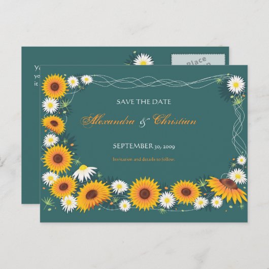 Zonnebloem Daisy Save the Date Wedding Aankondigin Aankondigingskaart (Voorkant / Achterkant)