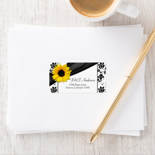 Zonnebloem Damask Bruiloft Retouradres Label (Insitu)