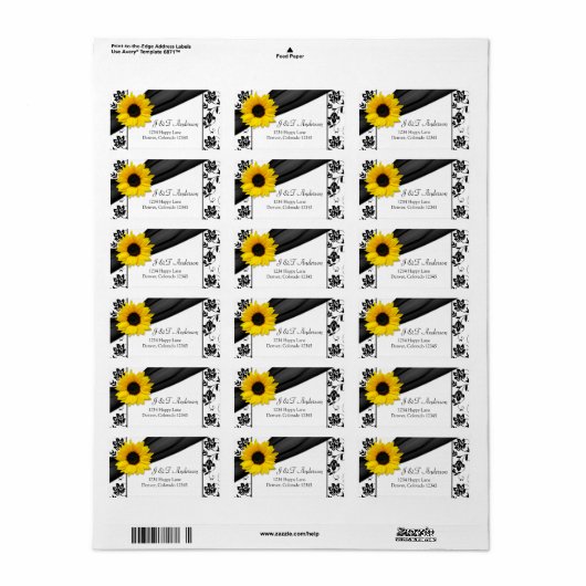 Zonnebloem Damask Bruiloft Retouradres Label (Full Sheet)