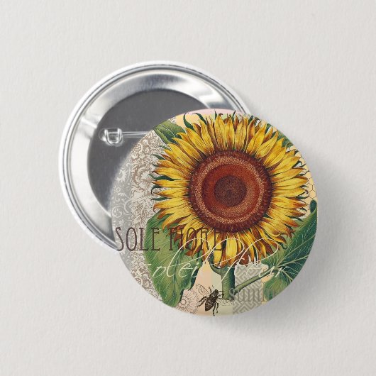 Zonnebloem  damast bloemmotief kunst ronde button 5,7 cm (Voorkant /achterkant)